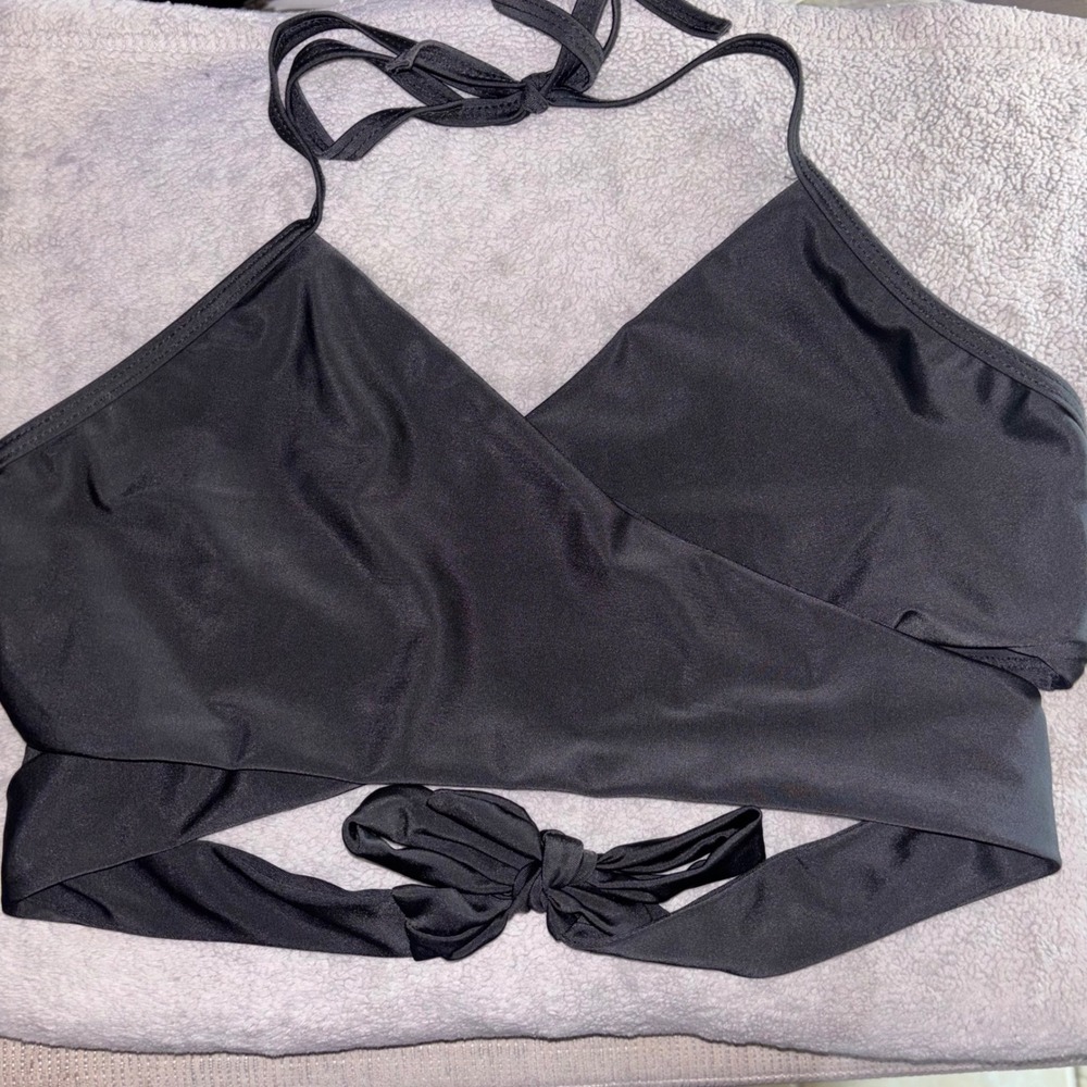 Black Wrap Halter Bikini Top Women Size Large Solid Swimwear Tie Back